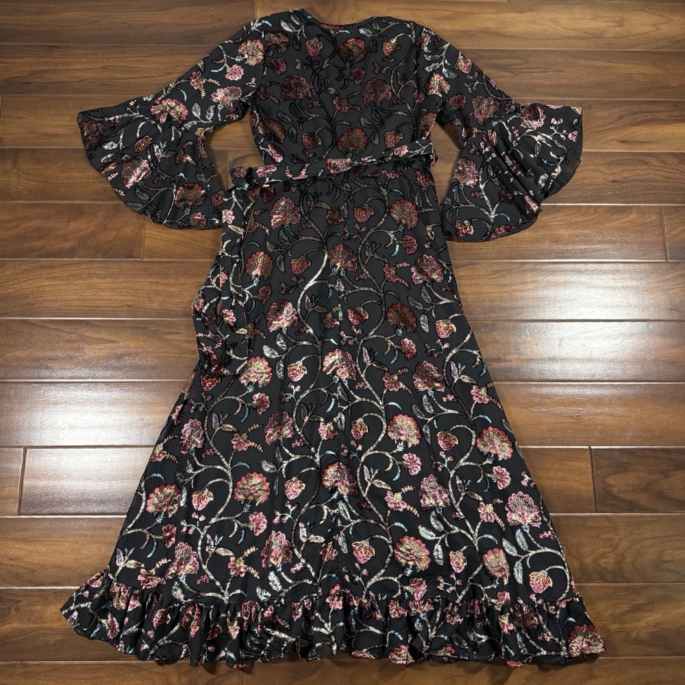 Talisman Women's Size XS Black Floral Velvet Chiffon Carly Wrap Midi‎ Dress - Picture 8 of 12